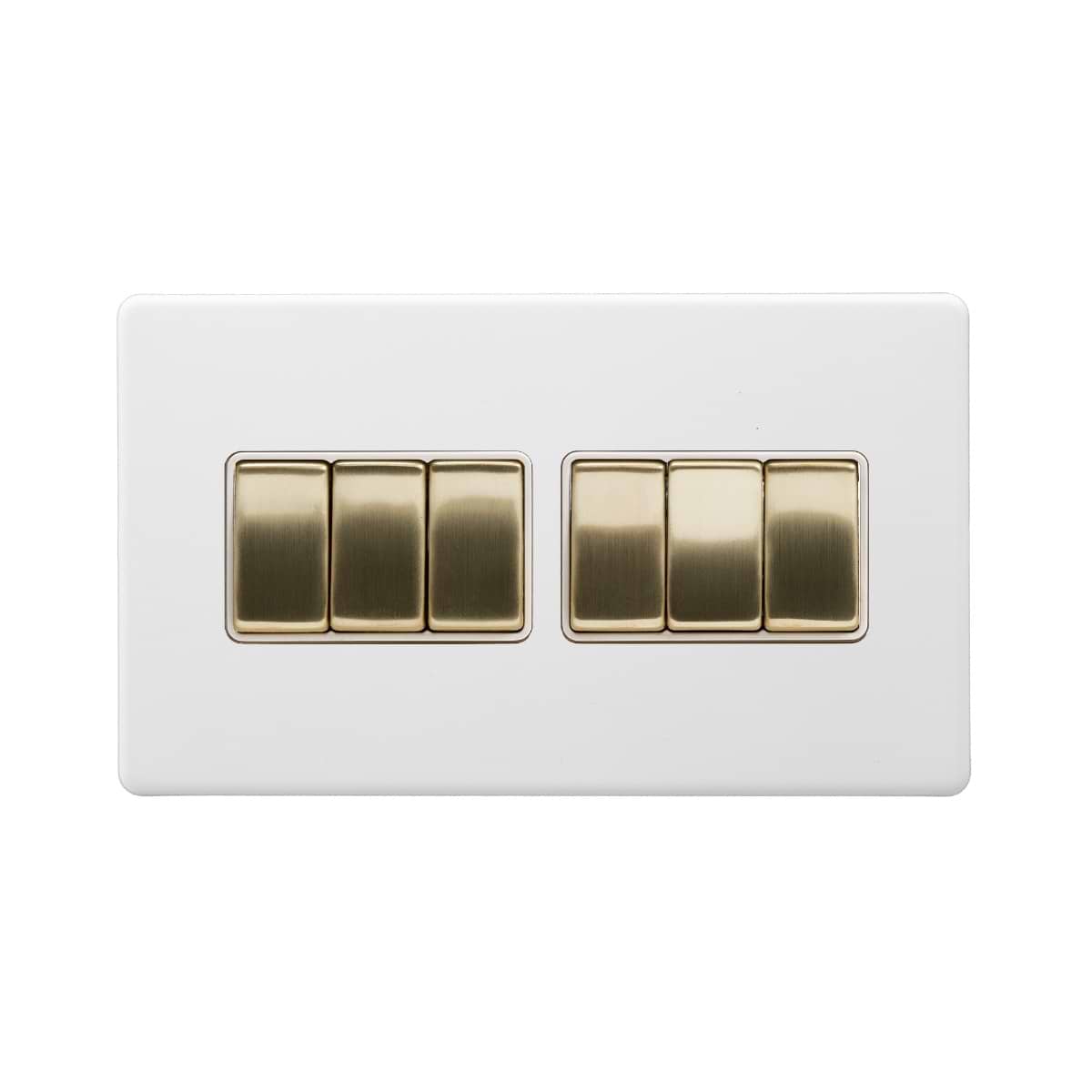 Soho Lighting Primed Paintable 6 Gang 2 Way 10A Light Switch with Brushed Brass Switch with White Insert