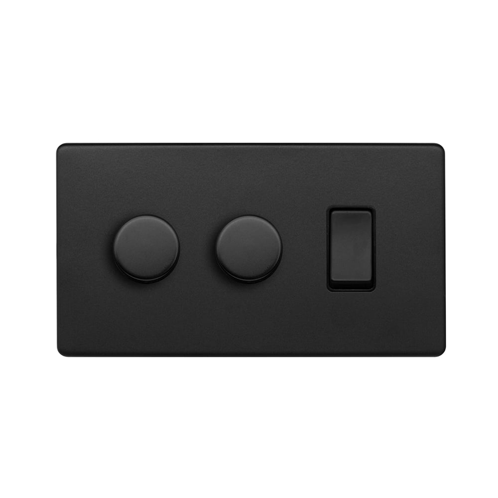 The Camden Collection Matt Black 3 Gang Dimmer and Rocker Switch Combo (2 x 2-Way Intelligent Dimmer & 2-Way Switch)