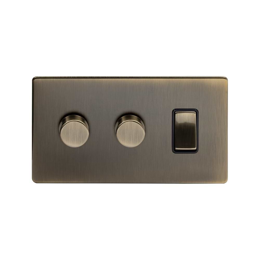 The Charterhouse Collection 3 Gang Dimmer and Rocker Switch Combo (2 x 2-Way Intelligent Dimmer & 2-Way Switch) Antique Brass