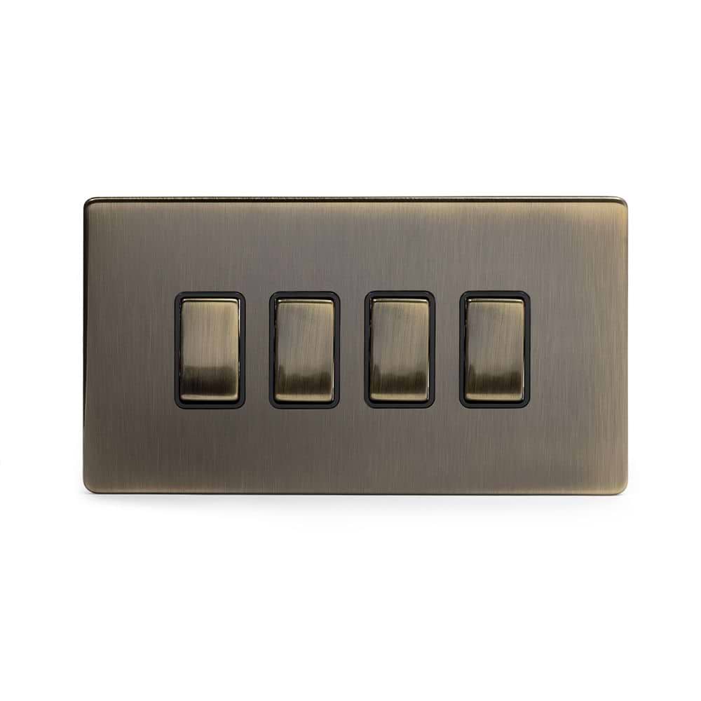 The Charterhouse Collection 4 Gang Switch With 1 Intermediate (3 x 2 Way Switch with 1 Intermediate) Bk Ins Screwless Antique Brass