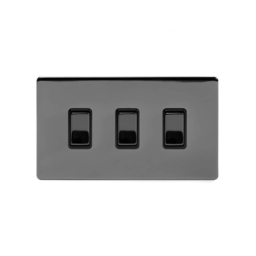 The Connaught Collection Black Nickel 3 Gang Switch With 1 Intermediate (2 x 2 Way Switch with 1 Intermediate) Bk Ins Screwless