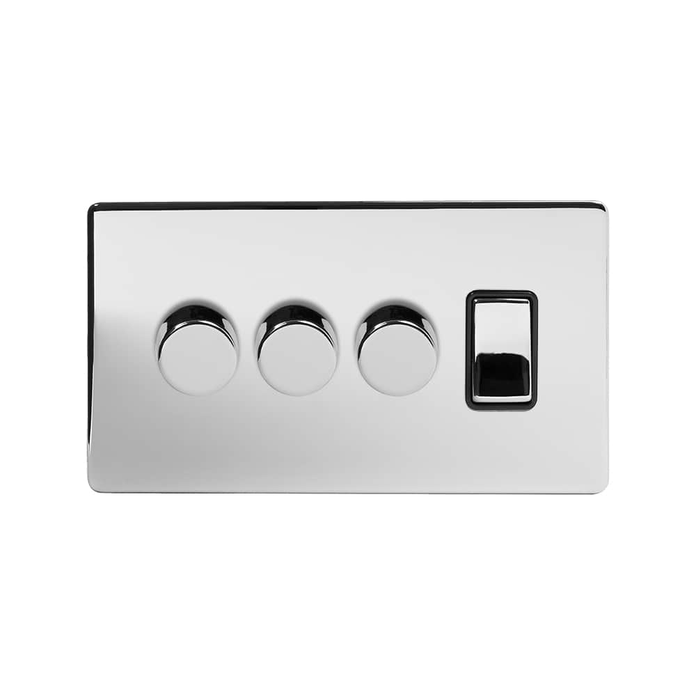 The Finsbury Collection Polished Chrome 4 Gang Switch with 3 Dimmers (3 x 2-Way intelligent Dimmer & 1 x 2-Way Switch)