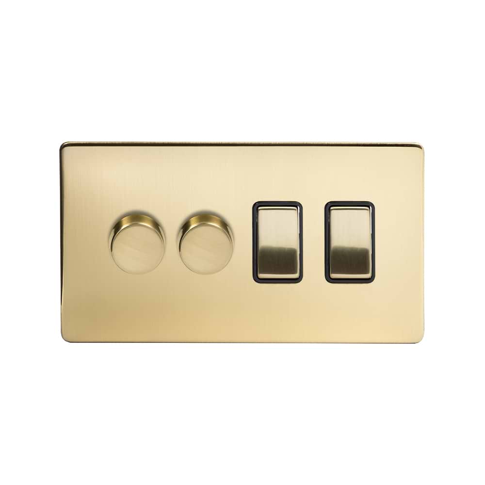 The Savoy Collection Brushed Brass 4 Gang Dimmer and Rocker Switch Combo (2 x 2-Way intelligent Dimmer & 2 x 2-Way Switch)