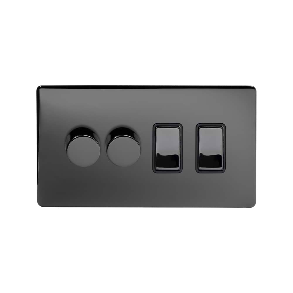 The Connaught Collection Black Nickel 4 Gang Dimmer and Rocker Switch Combo (2 x 2-Way intelligent Dimmer & 2 x 2-Way Switch)