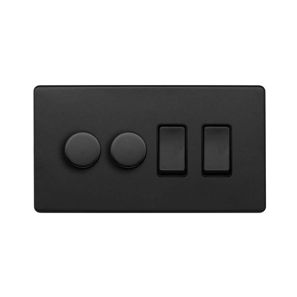 The Camden Collection Matt Black 4 Gang Dimmer and Rocker Switch Combo (2 x 2-Way intelligent Dimmer & 2 x 2-Way Switch)