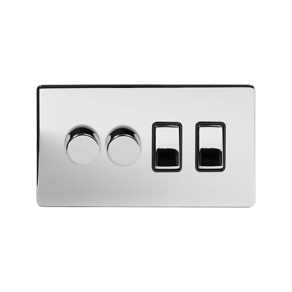 The Finsbury Collection Polished Chrome 4 Gang Dimmer and Rocker Switch Combo (2 x 2-Way intelligent Dimmer & 2 x 2-Way Switch)