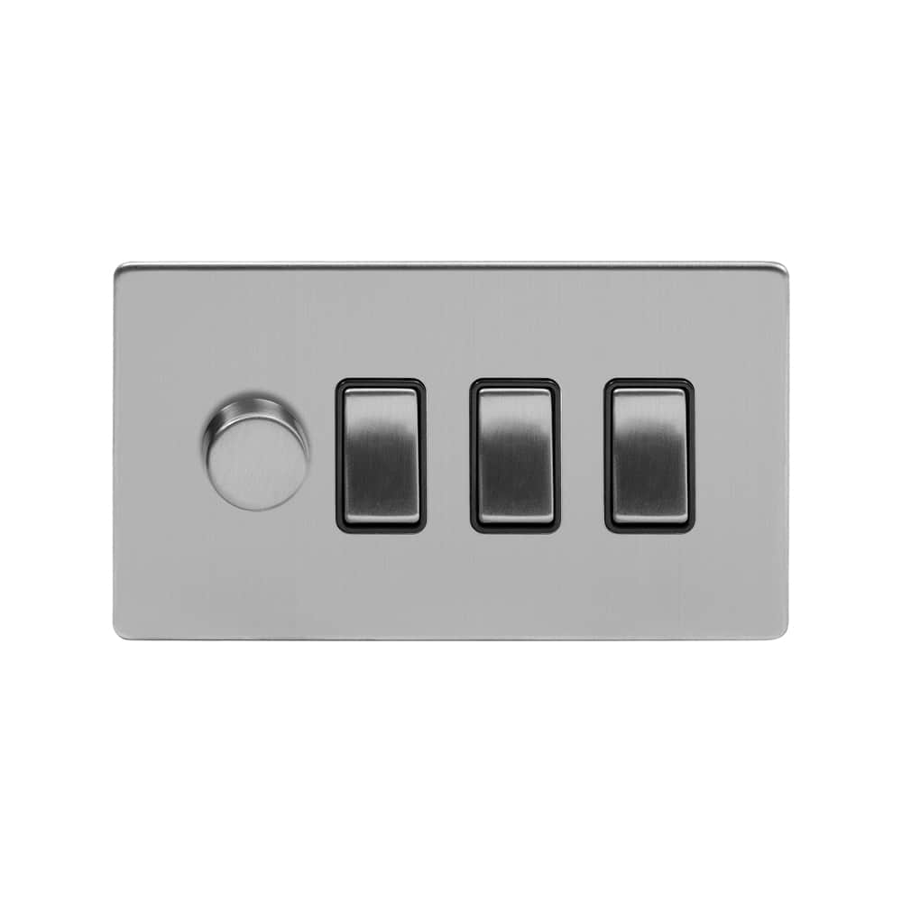 The Lombard Collection Brushed Chrome 4 Gang Dimmer and Rocker Switch Combo (1 x 2-Way intelligent Dimmer & 3 x 2-Way Switch)