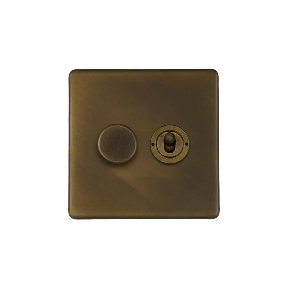 The Westminster Collection Vintage Brass 2 Gang Dimmer and Toggle Switch Combo (1 x 150W LED Dimmer 1 x 20A 2 Way Toggle)