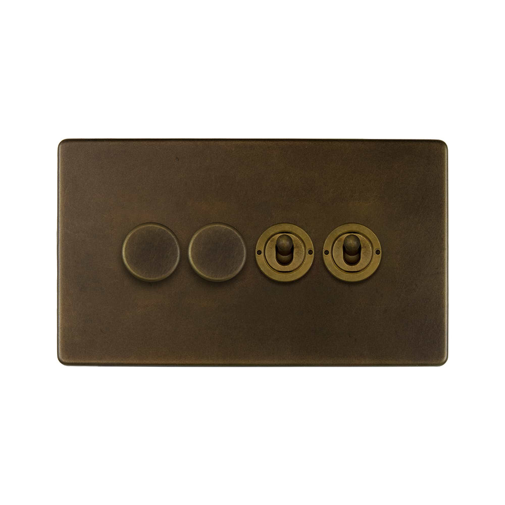 The Westminster Collection Vintage Brass 4 Gang Switch with 2 Dimmers (2 x 150W LED Dimmer 2 x 20A 2 Way Toggle)