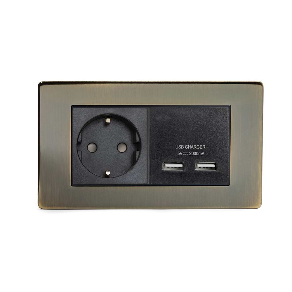 The Charterhouse Collection 2 Gang European Schuko Socket with USB Screwless Antique Brass