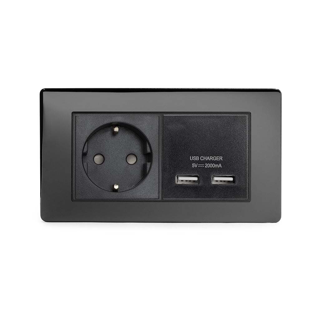 The Connaught Collection Black Nickel 2 Gang European Schuko Socket with USB Screwless