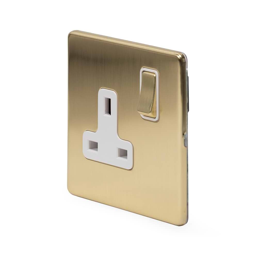 The Savoy Collection Brushed Brass 13A 1 Gang Switched Socket, Double Pole Wht Ins Screwless