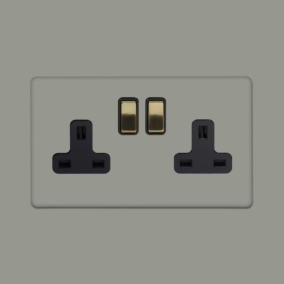 Soho Lighting Primed Paintable 2 Gang Socket 13A Double Pole with with Brushed Brass Switch with Black Insert
