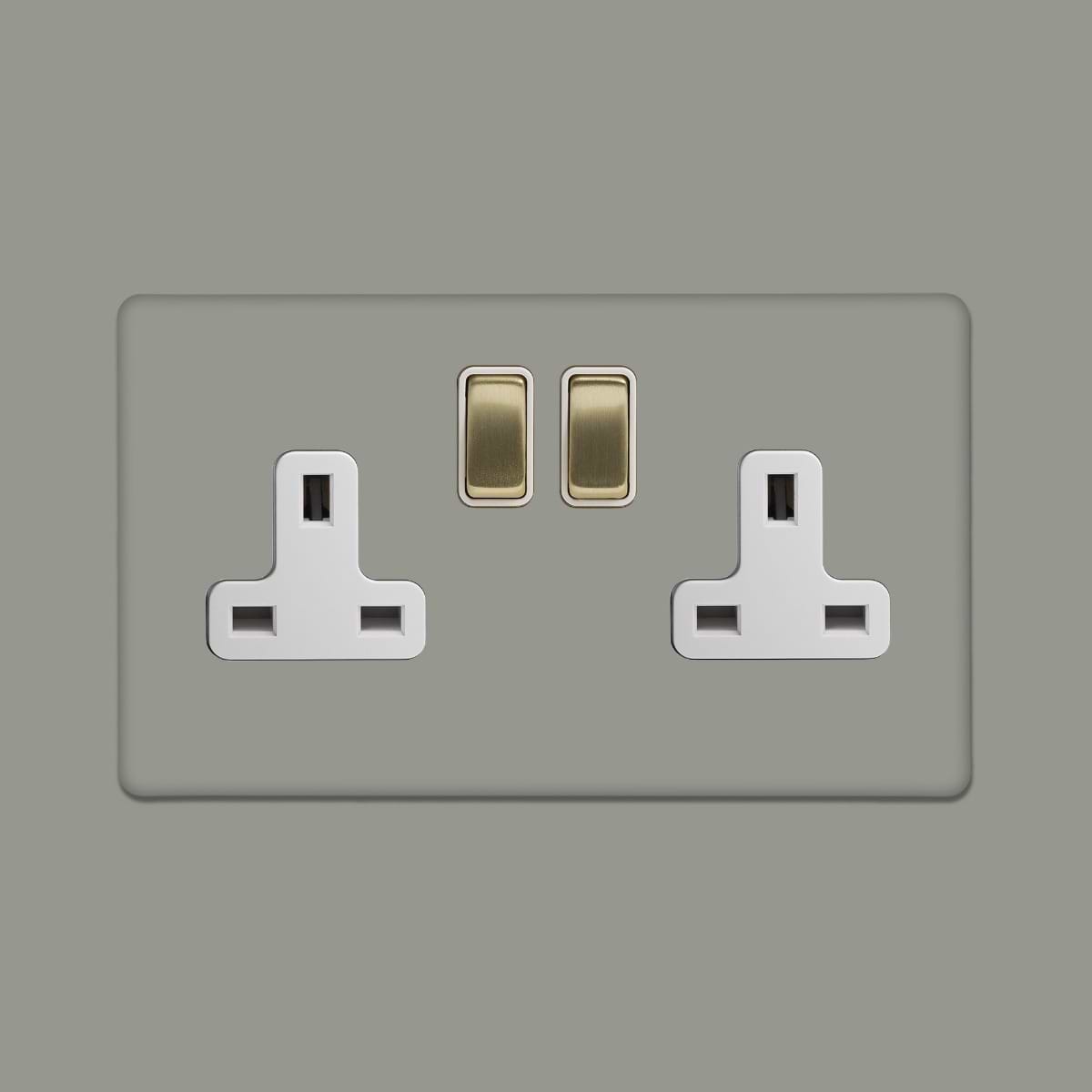 Soho Lighting Primed Paintable 2 Gang Socket 13A Double Pole with with Brushed Brass Switch with White Insert