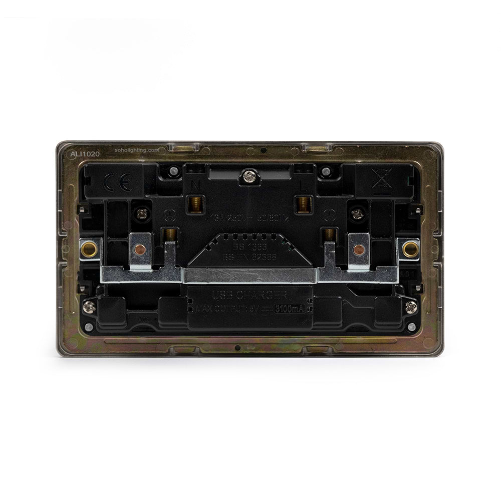 The Lombard Collection Brushed Chrome 2 Gang USB A + C Socket (13A Socket + 2 USB Ports A+C 3.1A) Blk Ins Screwless