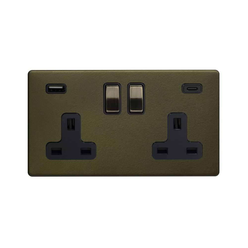 The Eton Collection Bronze 2 Gang USB A+C Socket (13A Socket + 2 USB Ports A+C 3.1A) Blk Ins Screwless