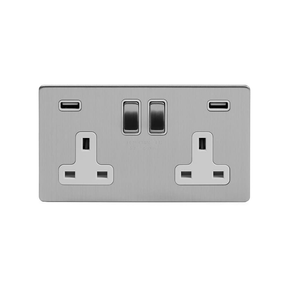The Lombard Collection Brushed Chrome 2 Gang 13A DP Socket with 2 x USB-A 4.8A
