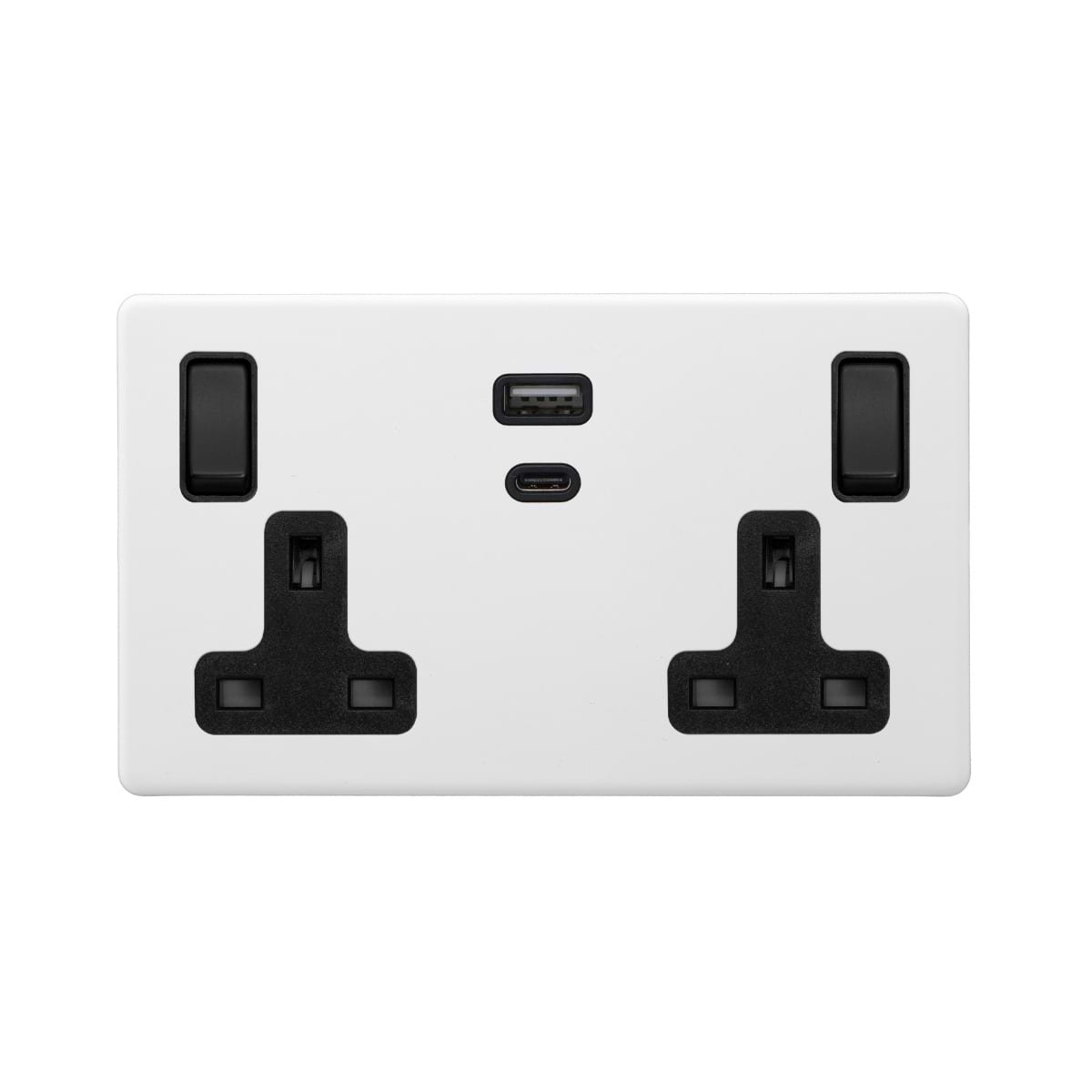 Soho Lighting Primed Paintable 13A 2 Gang Super Fast Charge 45W USB A+C Socket with Matt Black Switch