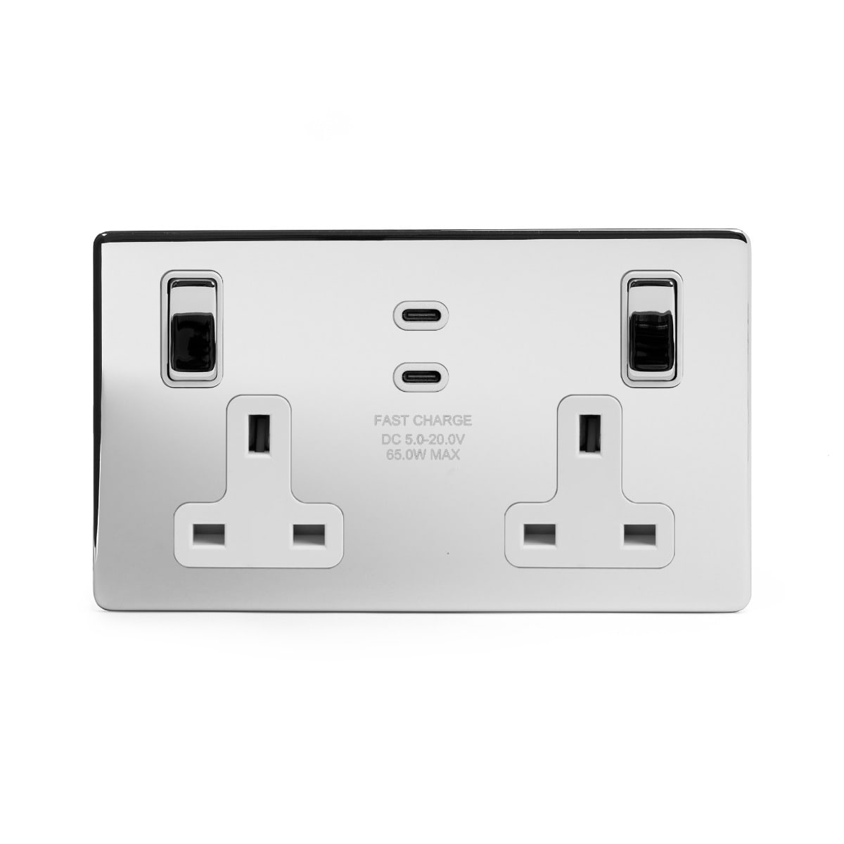 Soho Lighting Polished Chrome 2 Gang 65W USB C+C Socket (13A Socket + 2 USB C Ports) White Inserts