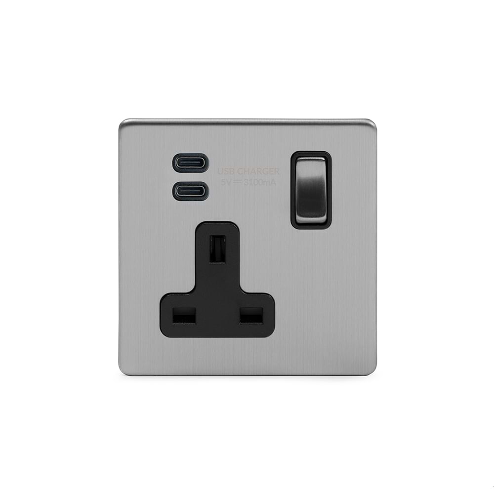 Soho Lighting Brushed Chrome 1 Gang USB C+C Socket (13A Socket + 2 USB C 3.1A Ports)