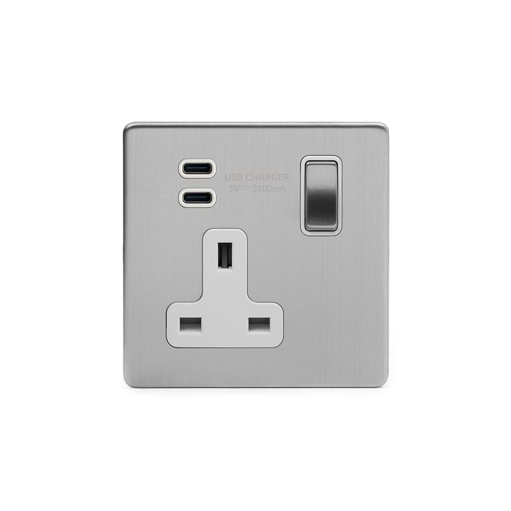 Soho Lighting Brushed Chrome 1 Gang USB C+C Socket (13A Socket + 2 USB C 3.1A Ports)
