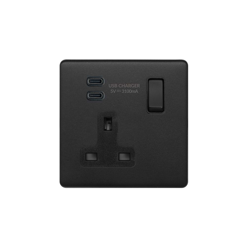 Soho Lighting Matt Black 1 Gang USB C+C Socket (13A Socket + 2 USB C 3.1A Ports)