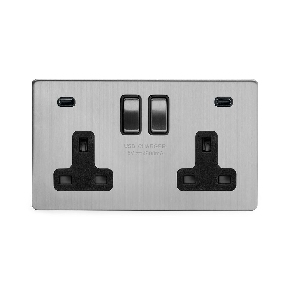 Soho Lighting Brushed Chrome 2 Gang USB C+C Socket (13A Socket + 2 USB C 4.8A Ports)
