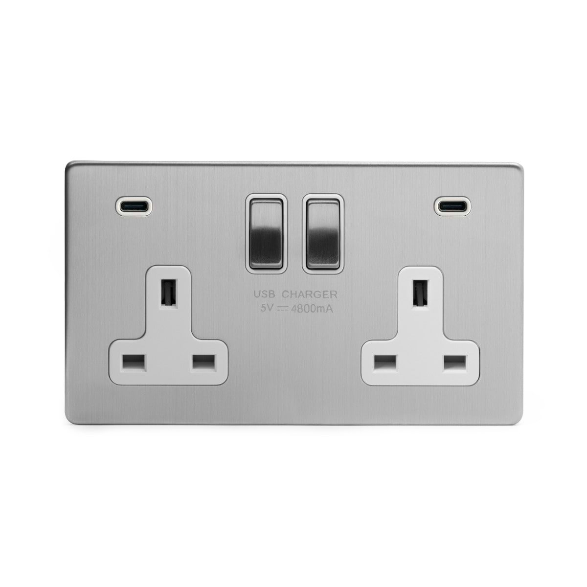 Soho Lighting Brushed Chrome 2 Gang USB C+C Socket (13A Socket + 2 USB C 4.8A Ports)