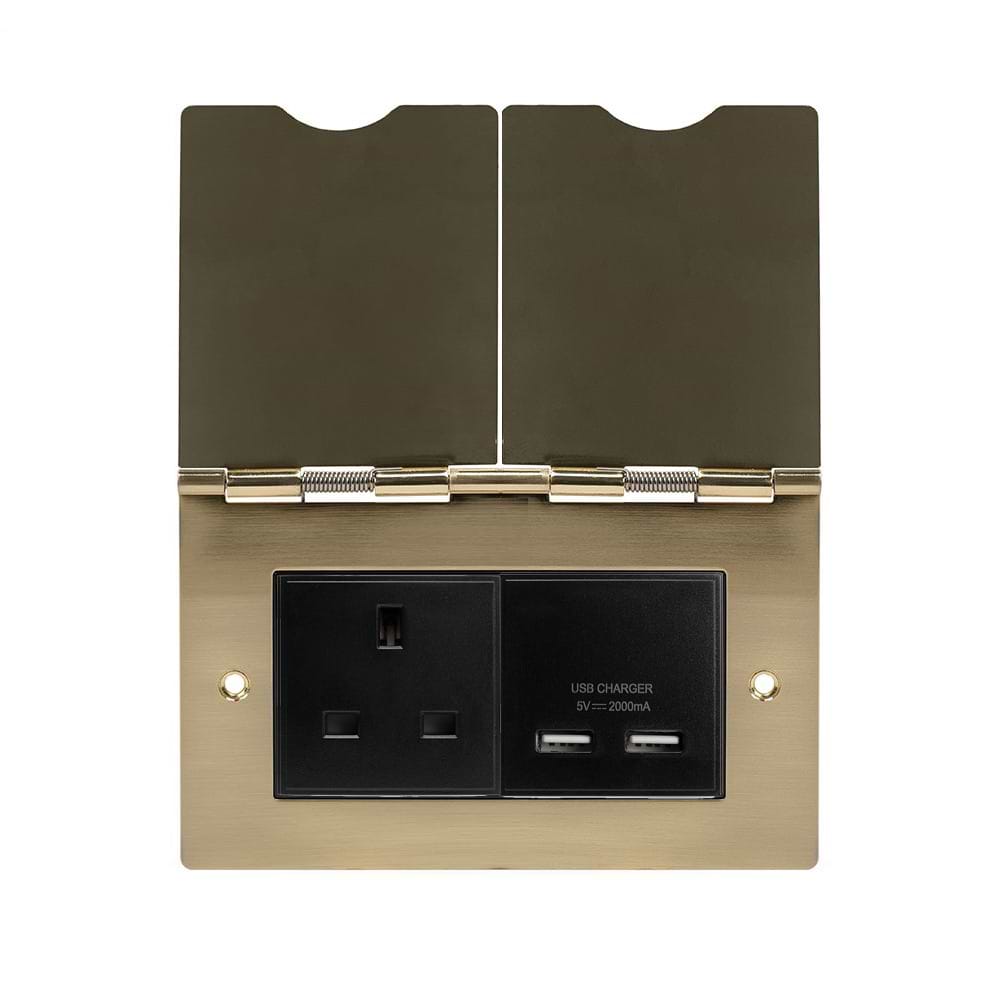 The Savoy Collection Brushed Brass Screwless Double Floor Outlet 13A Socket & USB Charger - Blk Ins