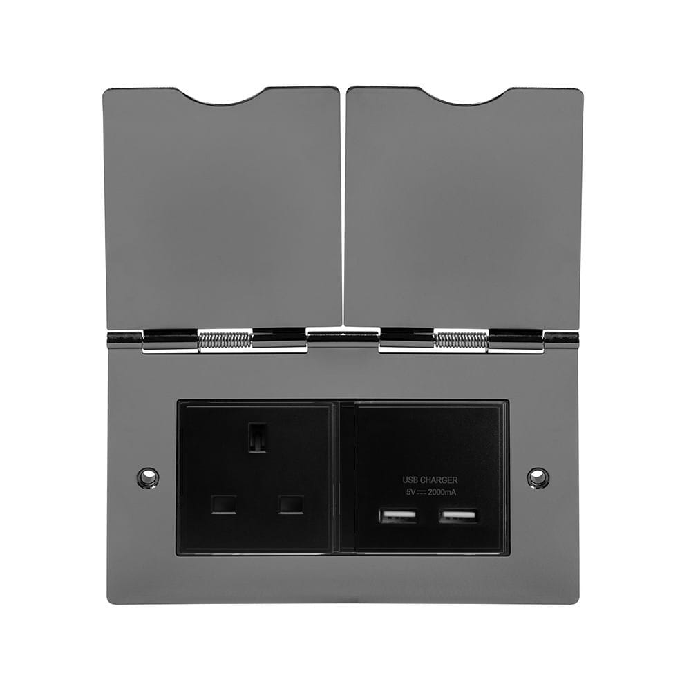 The Connaught Collection Black Nickel Screwless Double Floor Outlet 13A Socket & USB Charger