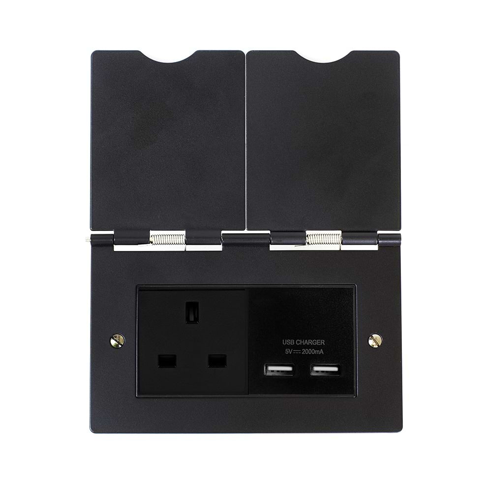 The Camden Collection Matt Black Screwless Double Floor Outlet 13A Socket & USB Charger