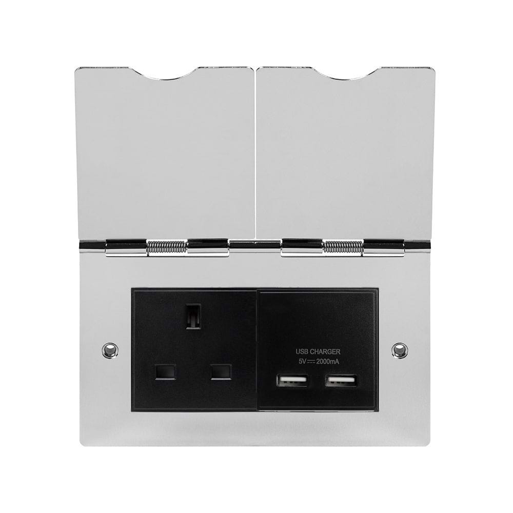 The Finsbury Collection Polished Chrome Screwless Double Floor Outlet 13A Socket & USB Charger - Blk Ins