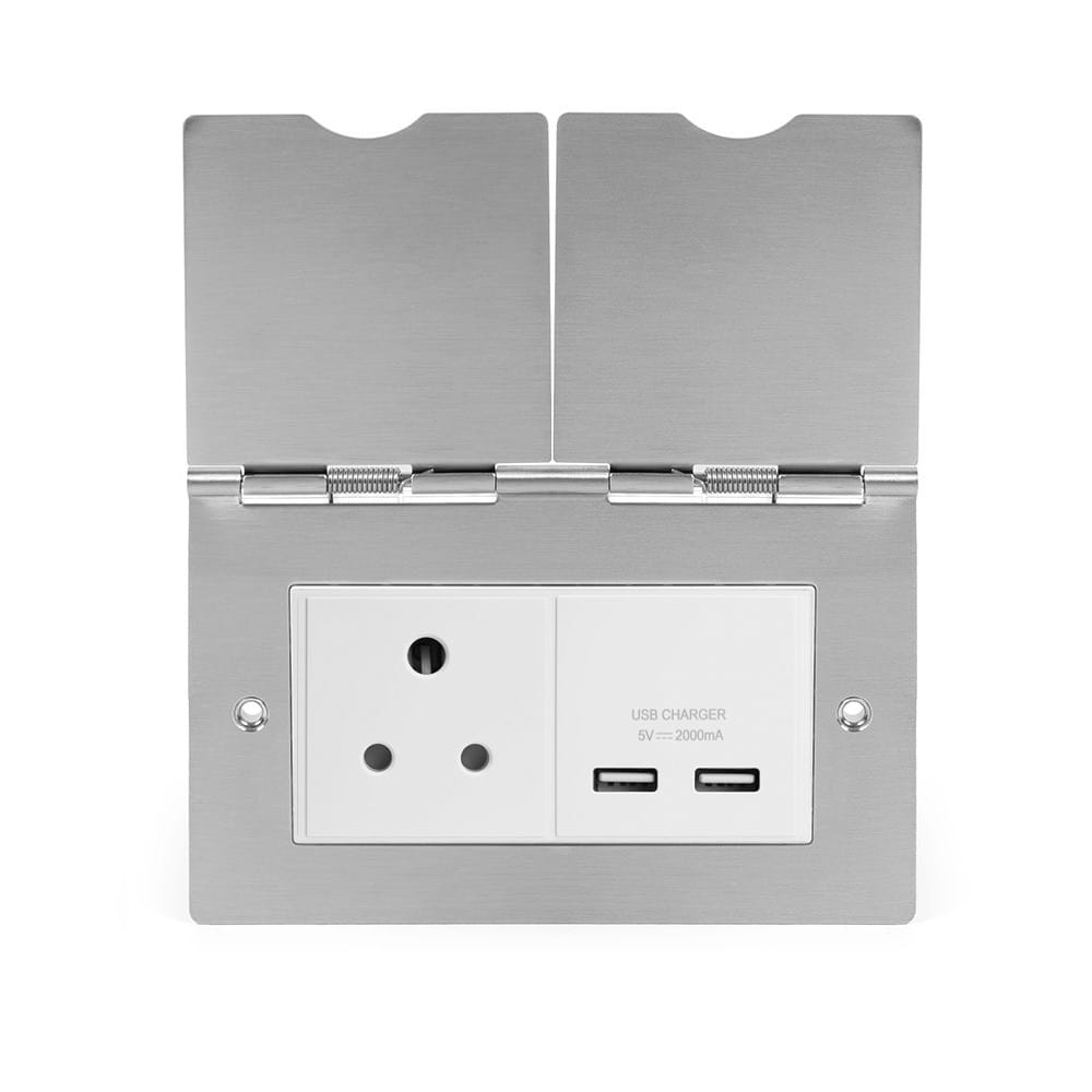 The Lombard Collection Brushed Chrome Screwless Double Floor Outlet 5Amp Socket & USB Charger - Wht Ins