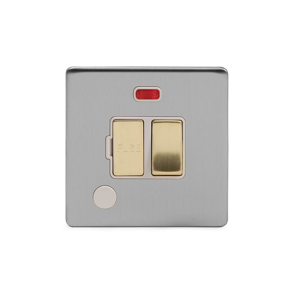 Soho Lighting Brushed Chrome & Brushed Brass Flat Plate 13A Switched Fused Connection Unit (FCU) Flex Outlet With Neon Screwless