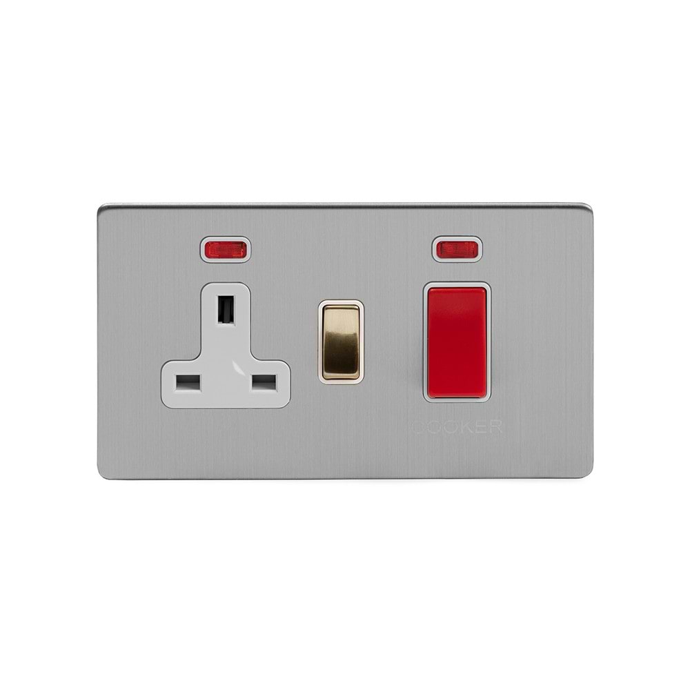 Soho Lighting Brushed Chrome & Brushed Brass 45A Cooker Control Unit & Neon White Inserts Screwless