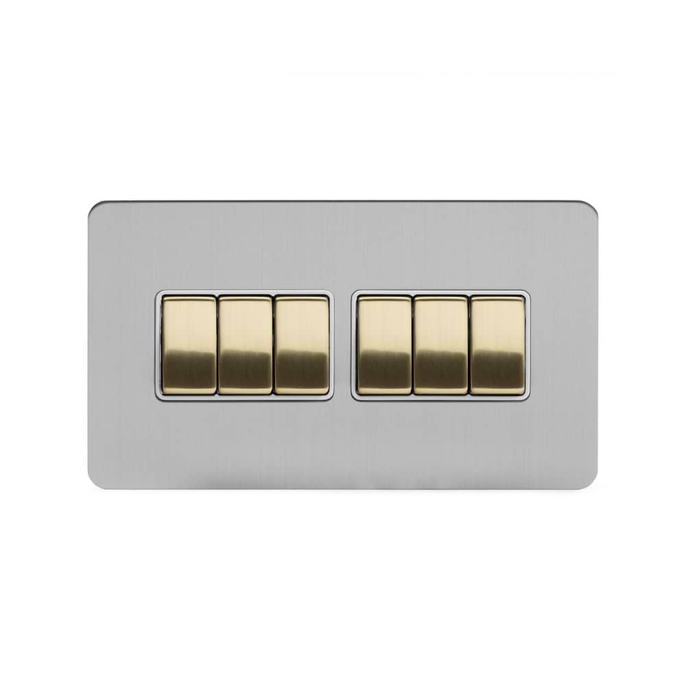Soho Lighting Brushed Chrome & Brushed Brass 10A 6 Gang 2 Way Switch White Inserts Screwless