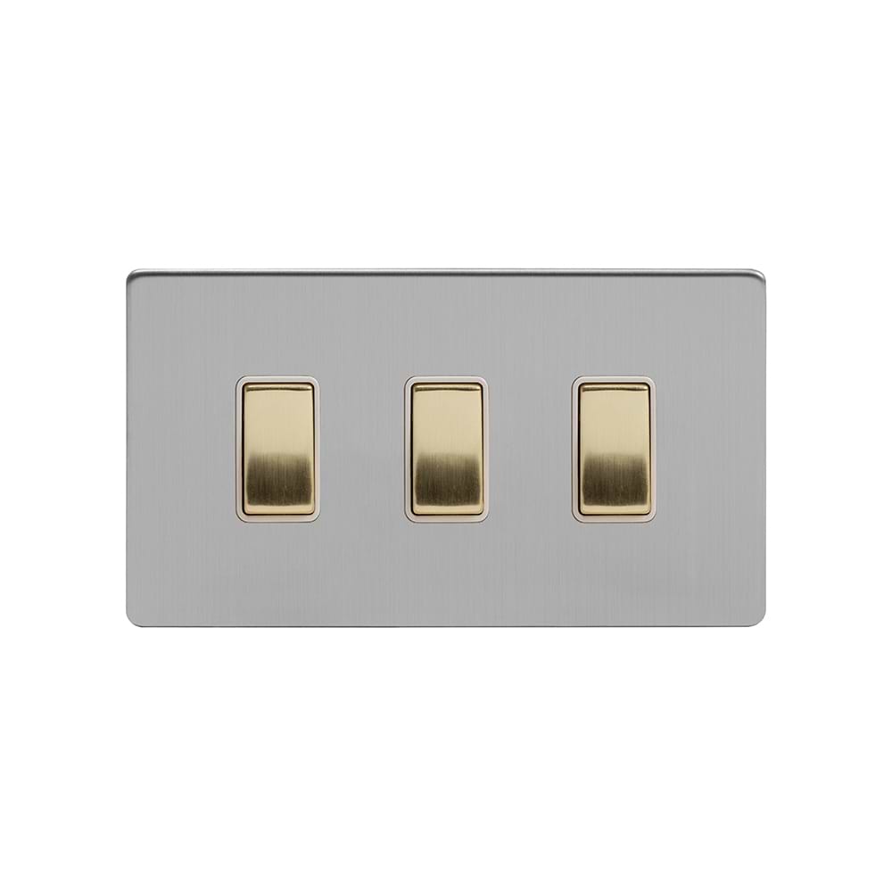 Soho Lighting Brushed Chrome & Brushed Brass 10A 3 Gang Switch on Double Plate 2 Way Screwless