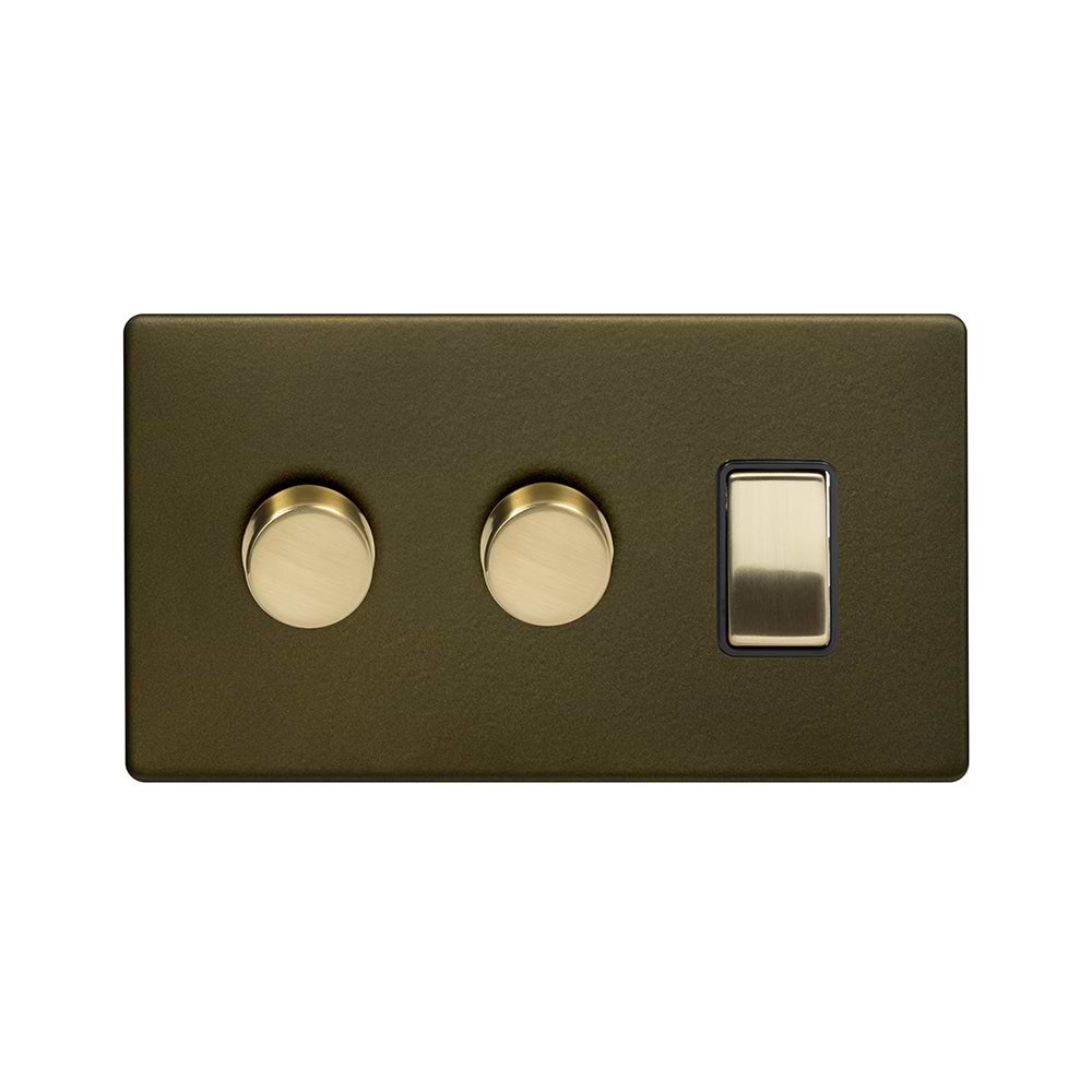 Soho Lighting Bronze with Brushed Brass 3 Gang Dimmer and Rocker Switch Combo (2 x 2-Way Intelligent Dimmer & 1 x 2-Way Switch)