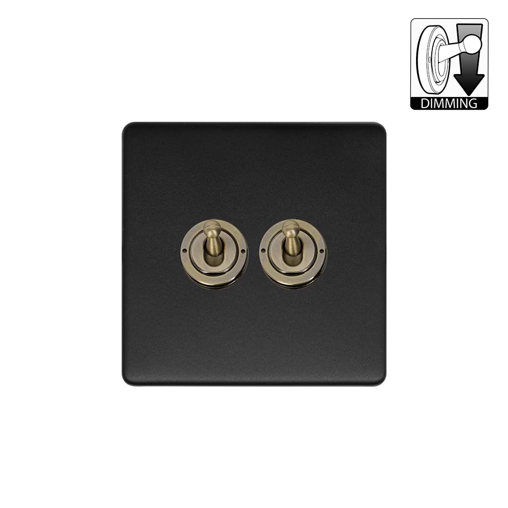 Soho Lighting Lighting Matt Black & Antique Brass 2 Gang Dimming Toggle Switch
