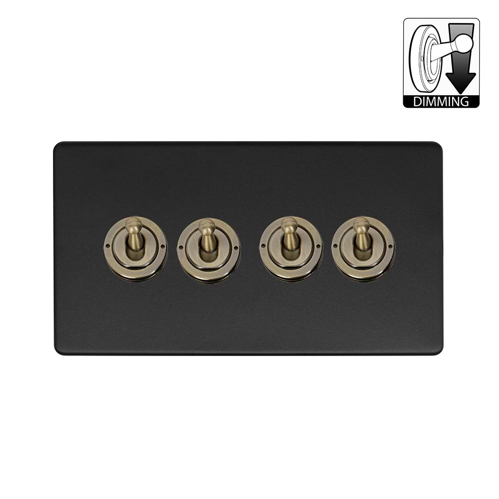 Soho Lighting Lighting Matt Black & Antique Brass 4 Gang Dimming Toggle Switch