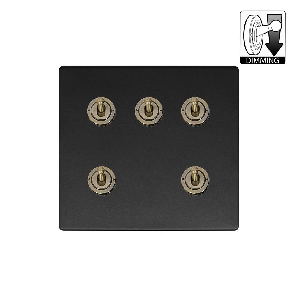 Soho Lighting Lighting Matt Black & Antique Brass 5 Gang Dimming Toggle Switch