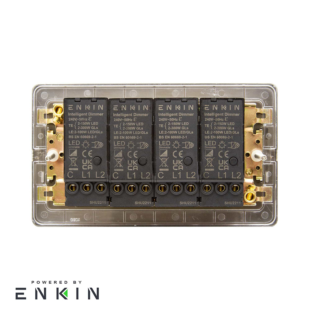 Soho Lighting Matt Black and Antique Brass 4 Gang 2- Way Intelligent Dimmer 150W LED (300W Halogen/Incandescent)