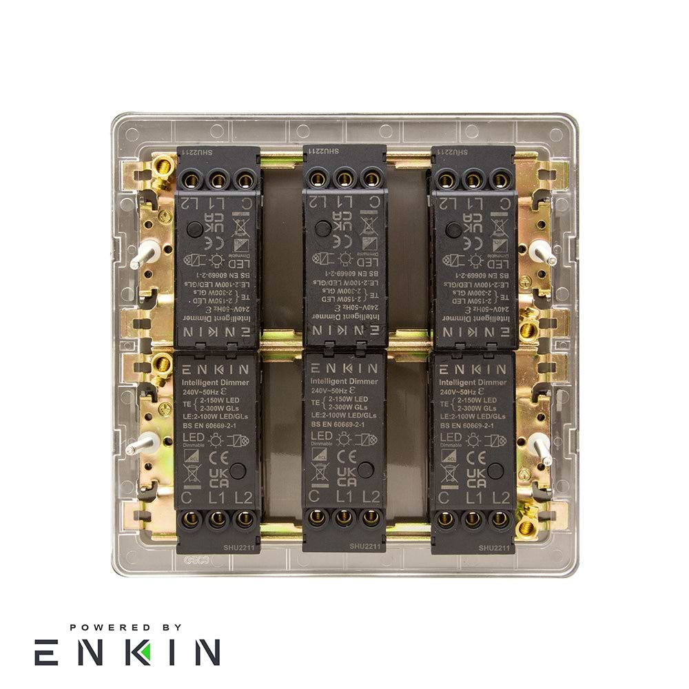 The Camden Collection Matt Black & Brushed Brass 6 Gang 2 -Way Intelligent Dimmer LED 150W LED (300W Halogen/Incandescent)