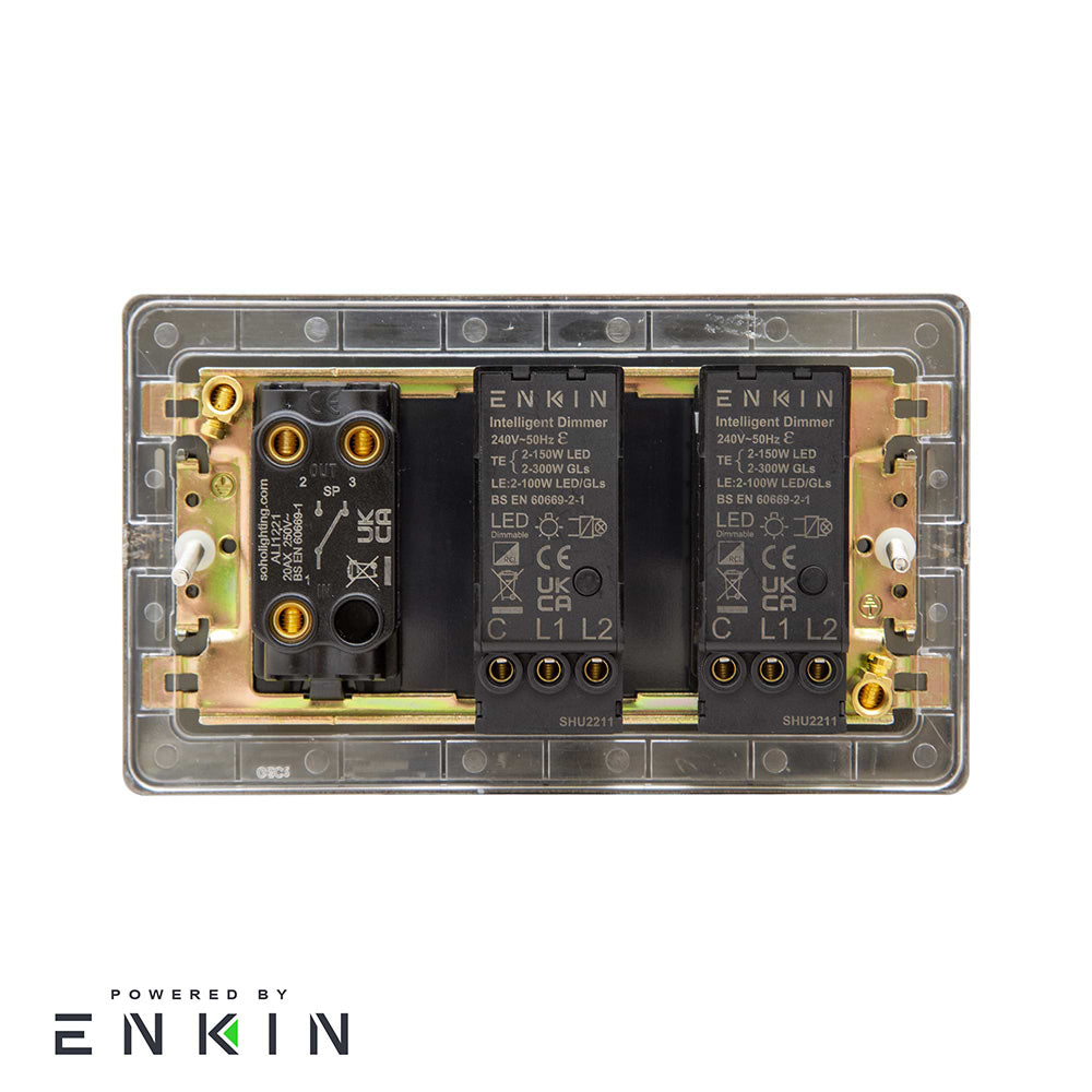 The Camden Collection Matt Black & Brushed Brass 3 Gang Switch with 2 Dimmers (2x150W LED Dimmer 1x20A 2 Way Toggle)