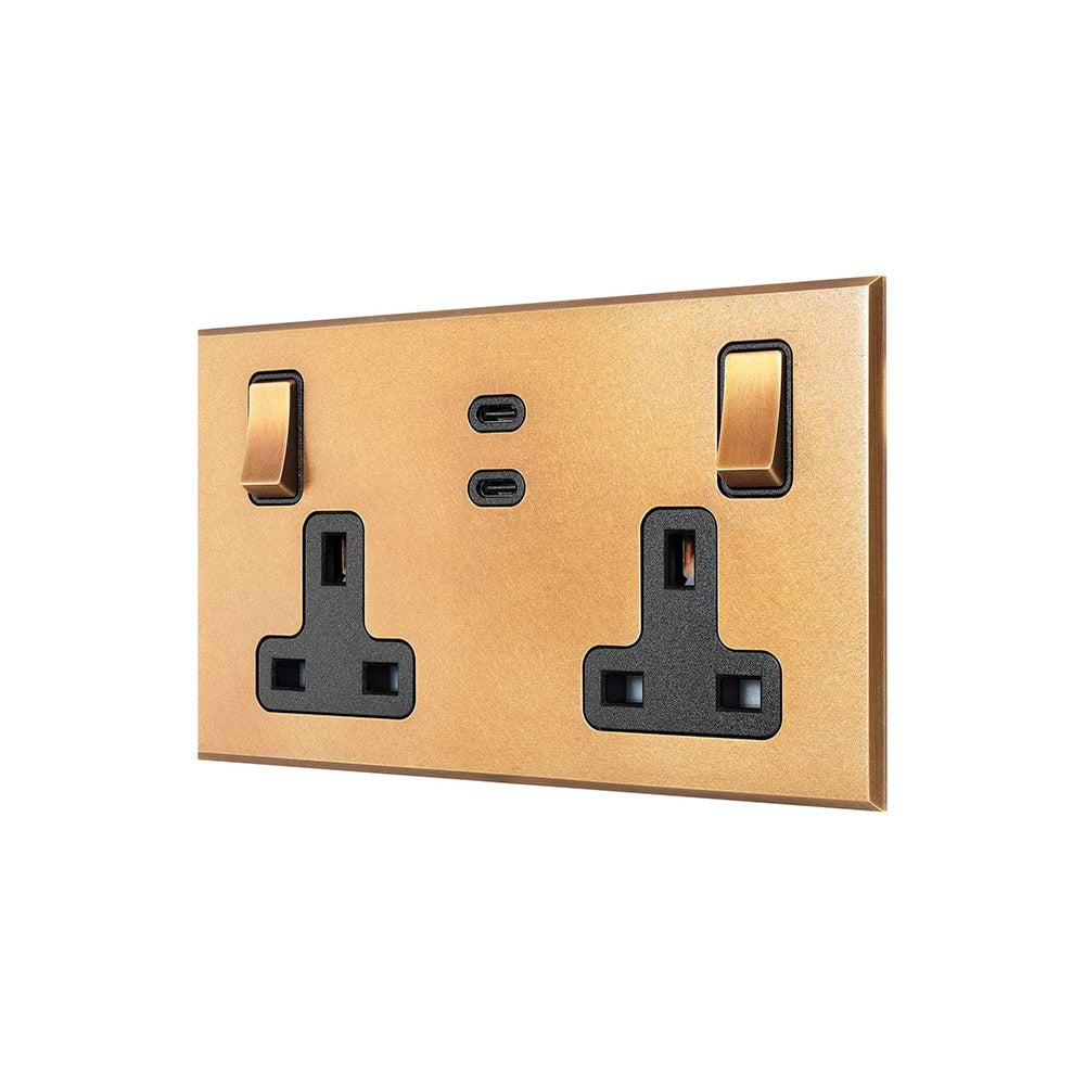 Natural Brass 2 Gang 13A Switched Socket 65W Max PD C+C USB Charging with Black Insert - The Palaces Collection