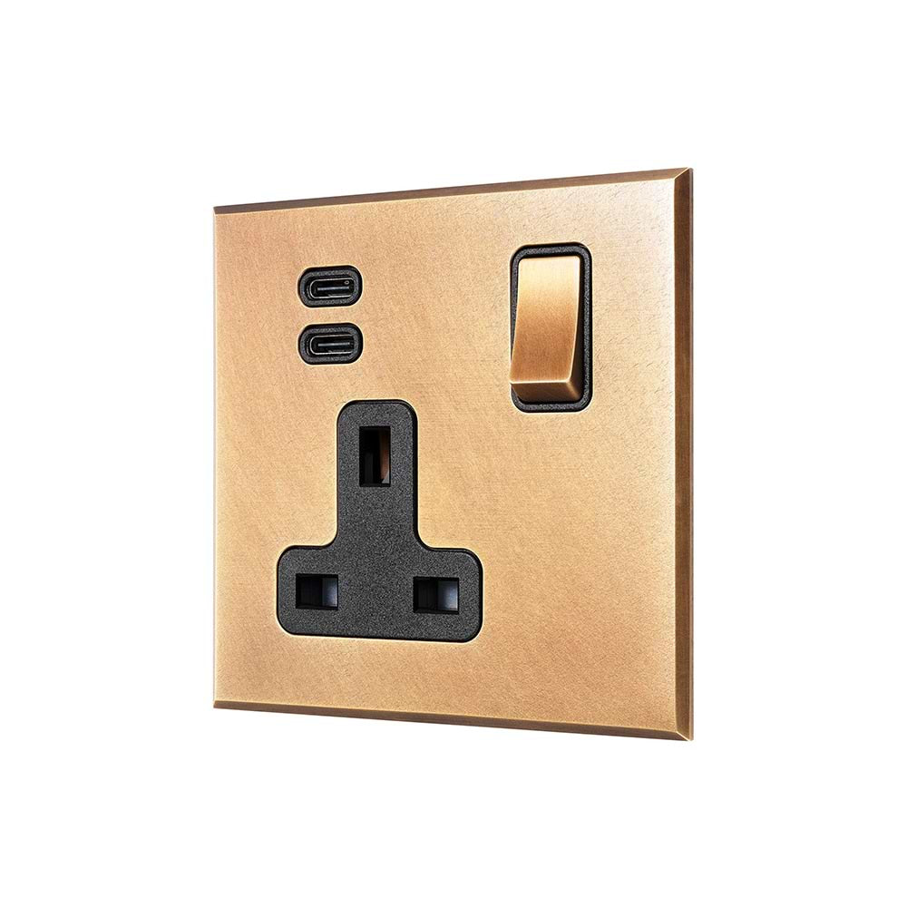 Natural Brass 1 Gang 13A Double Pole Switched Socket 3.1A Type C+C USB Charging with Black Insert - The Palaces Collection