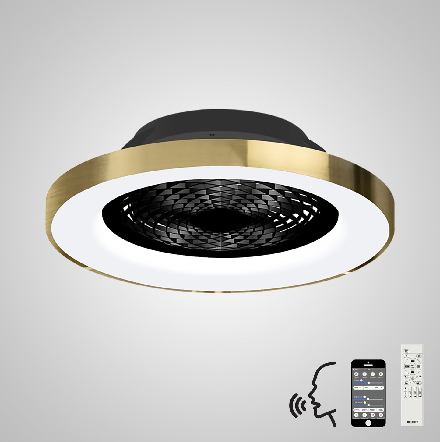 Tibet 70W LED Dimmable Ceiling Light With 35W DC Reversible Fan Remote, APP & Alexa/Google Voice, 3900lm, Gold/Black, 5yrs Warranty by Mantra