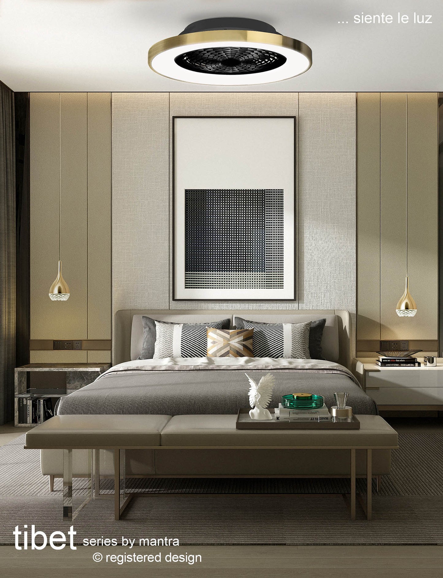Tibet 70W LED Dimmable Ceiling Light With 35W DC Reversible Fan Remote, APP & Alexa/Google Voice, 3900lm, Wood Effect/Black, 5yrs Warranty by Mantra