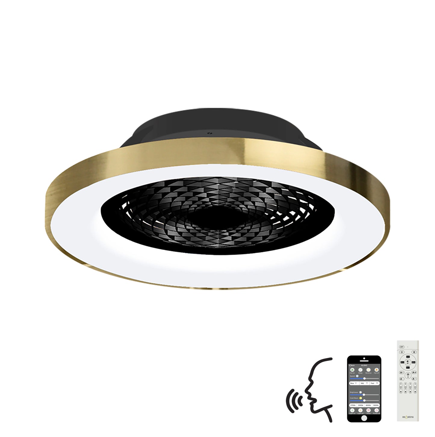 Tibet 70W LED Dimmable Ceiling Light With 35W DC Reversible Fan Remote, APP & Alexa/Google Voice, 3900lm, Gold/Black, 5yrs Warranty by Mantra