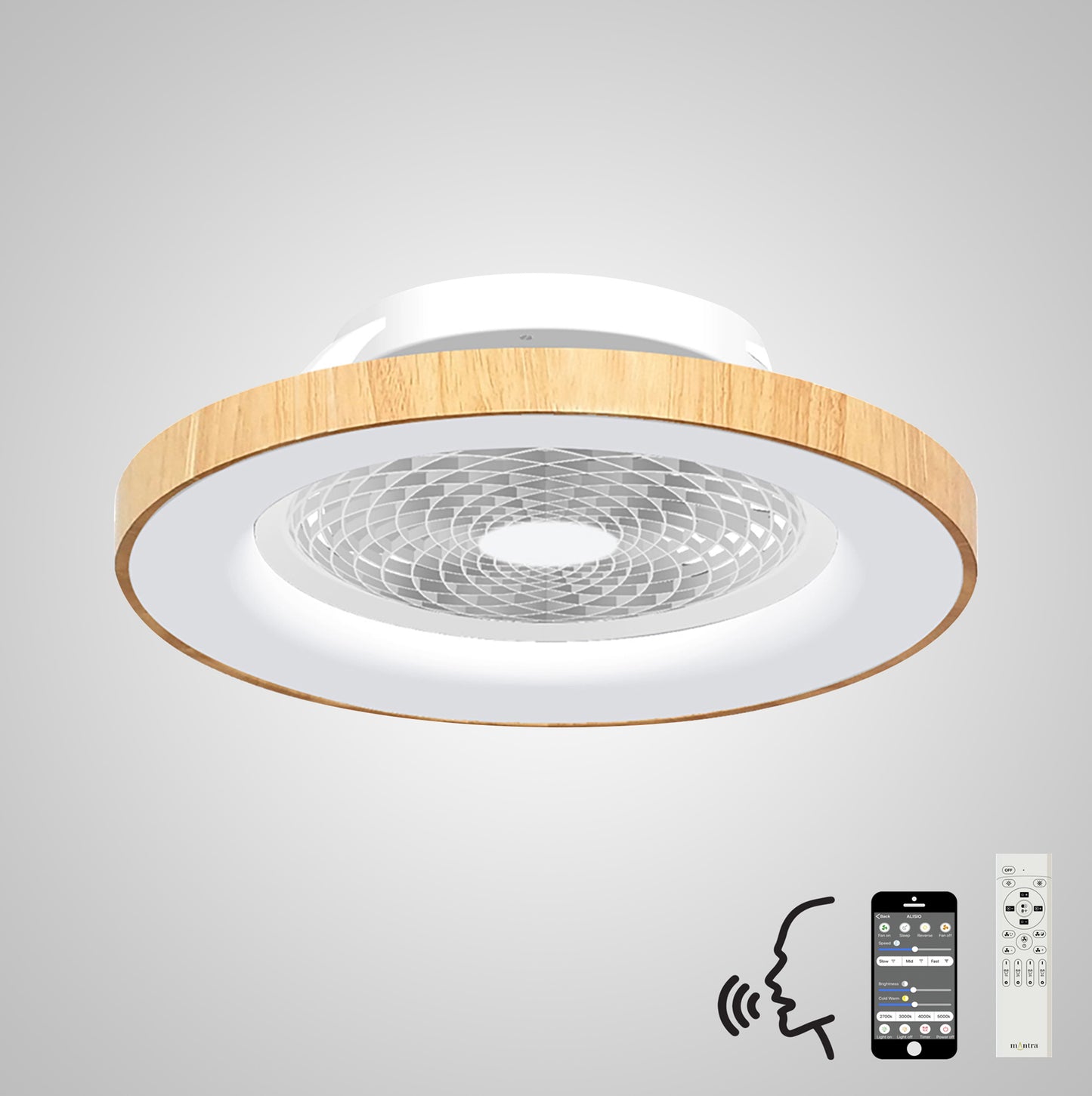 Tibet 70W LED Dimmable Ceiling Light With 35W DC Reversible Fan Remote, APP, Alexa & Google Voice, 3900lm, Wood Effect/White, 5yrs Wrnty by Mantra